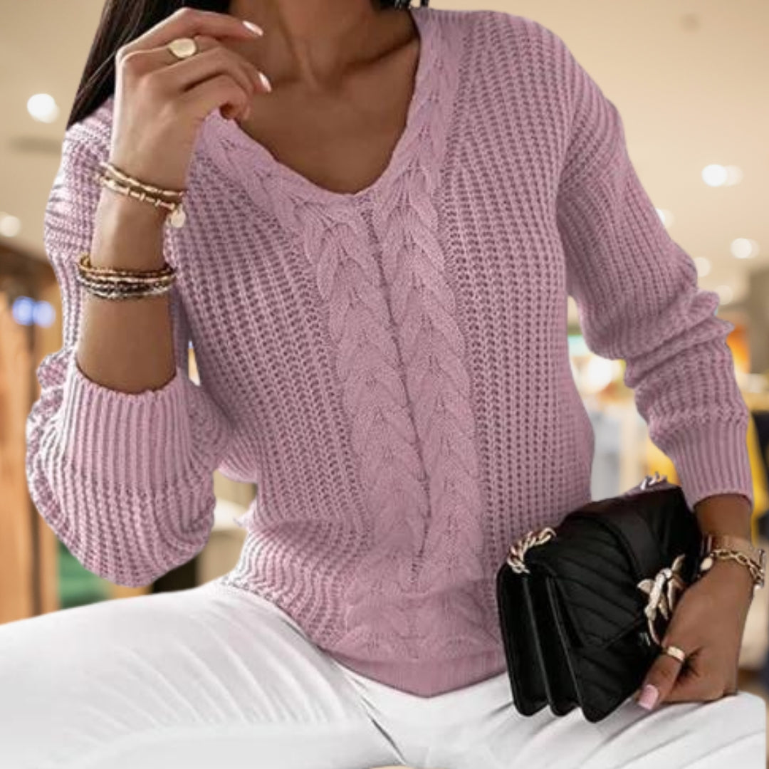 Women's V-Neck Sweater with Cable Knit Texture