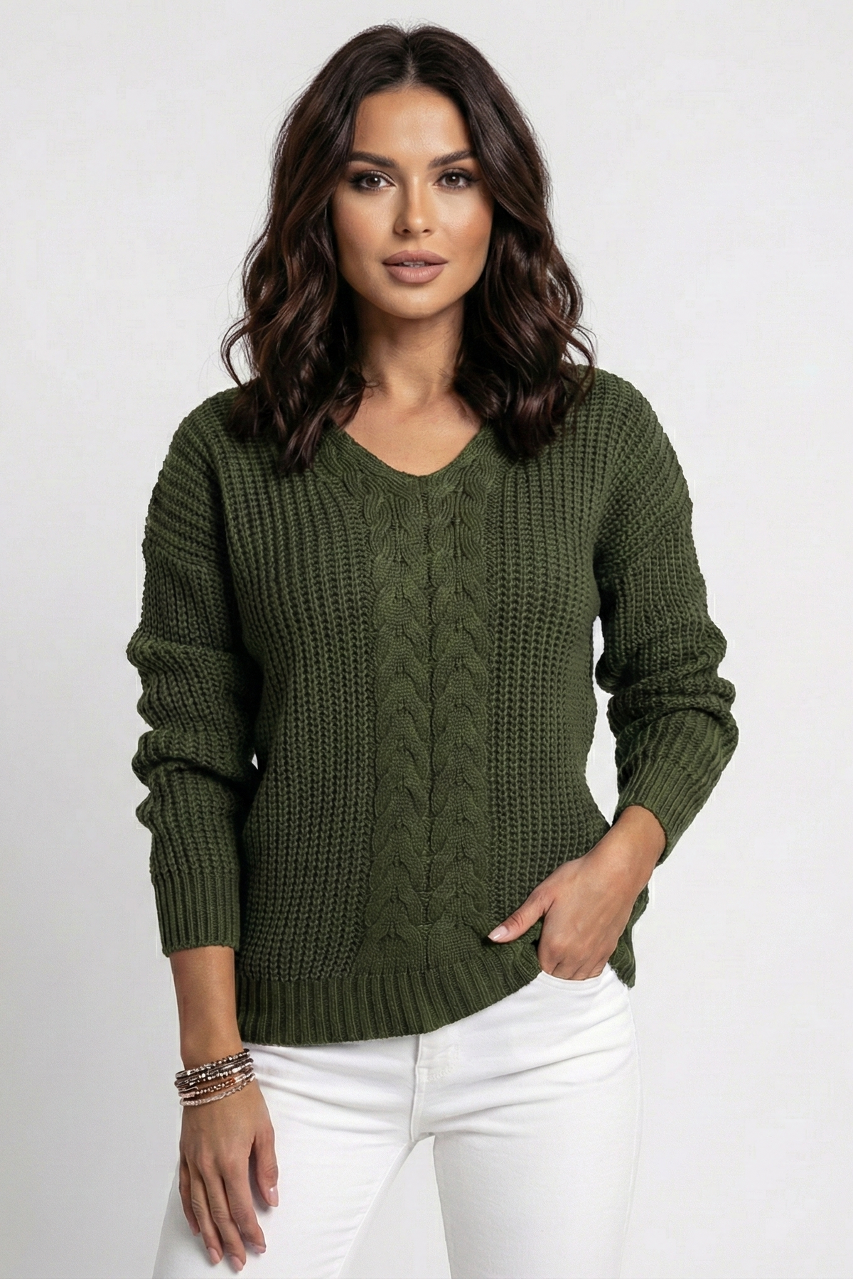 Women's V-Neck Sweater with Cable Knit Texture