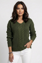 Women's V-Neck Sweater with Cable Knit Texture