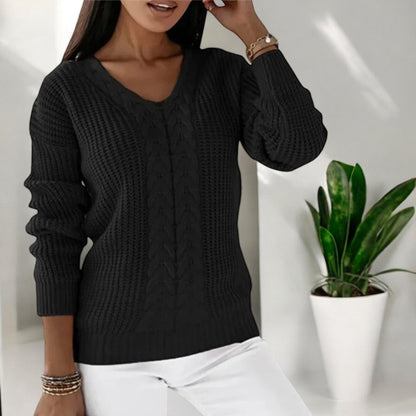 Women's V-Neck Sweater with Cable Knit Texture