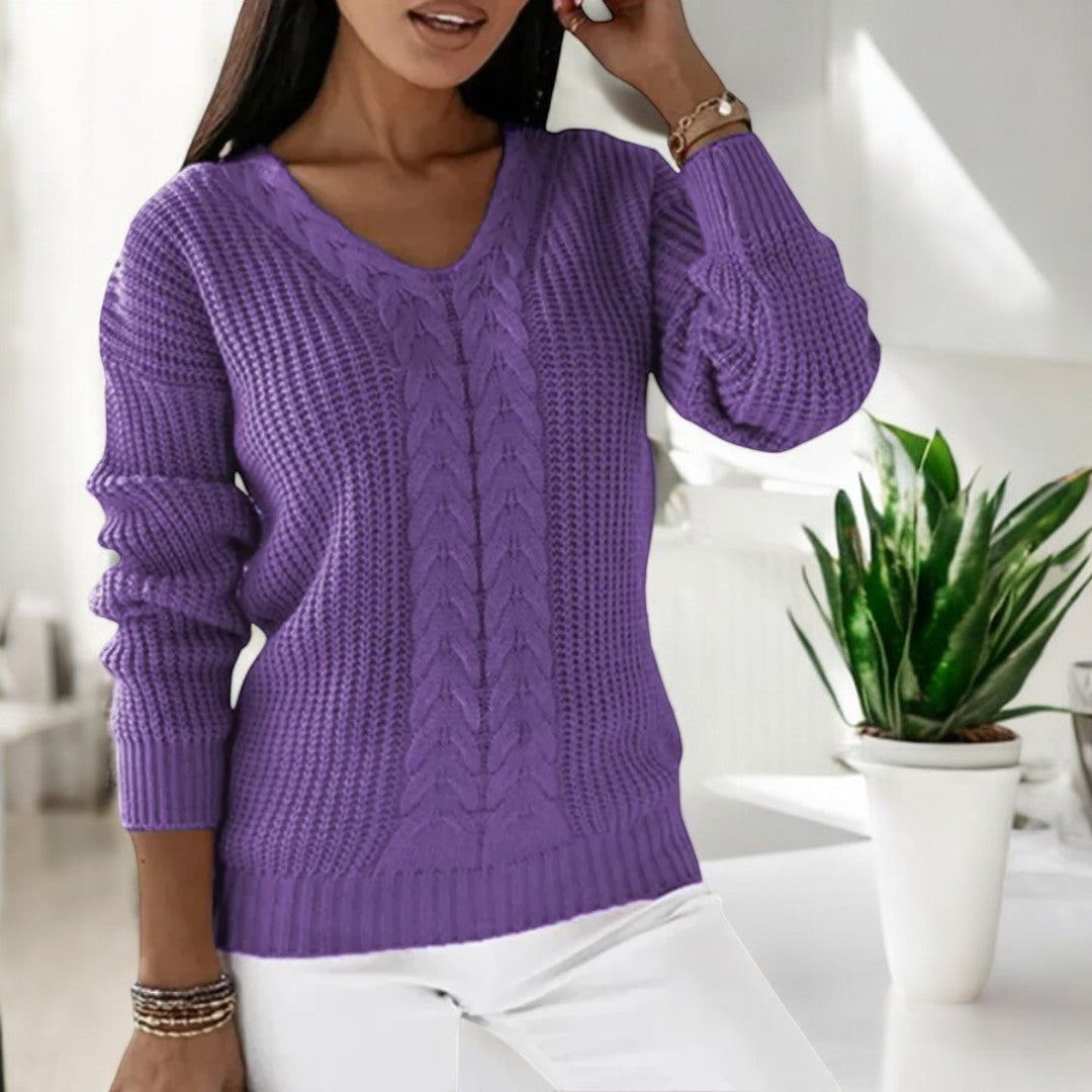 Women's V-Neck Sweater with Cable Knit Texture