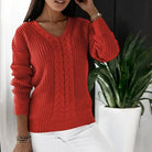 Women's V-Neck Sweater with Cable Knit Texture