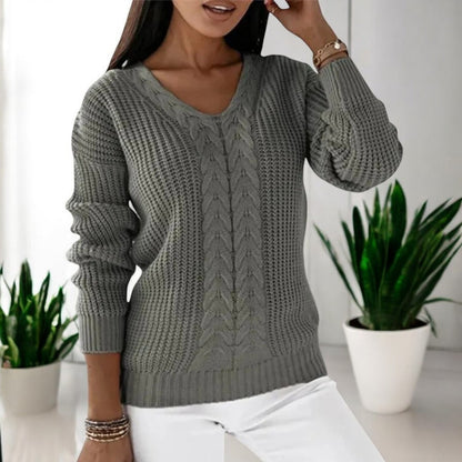 Women's V-Neck Sweater with Cable Knit Texture