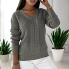 Women's V-Neck Sweater with Cable Knit Texture