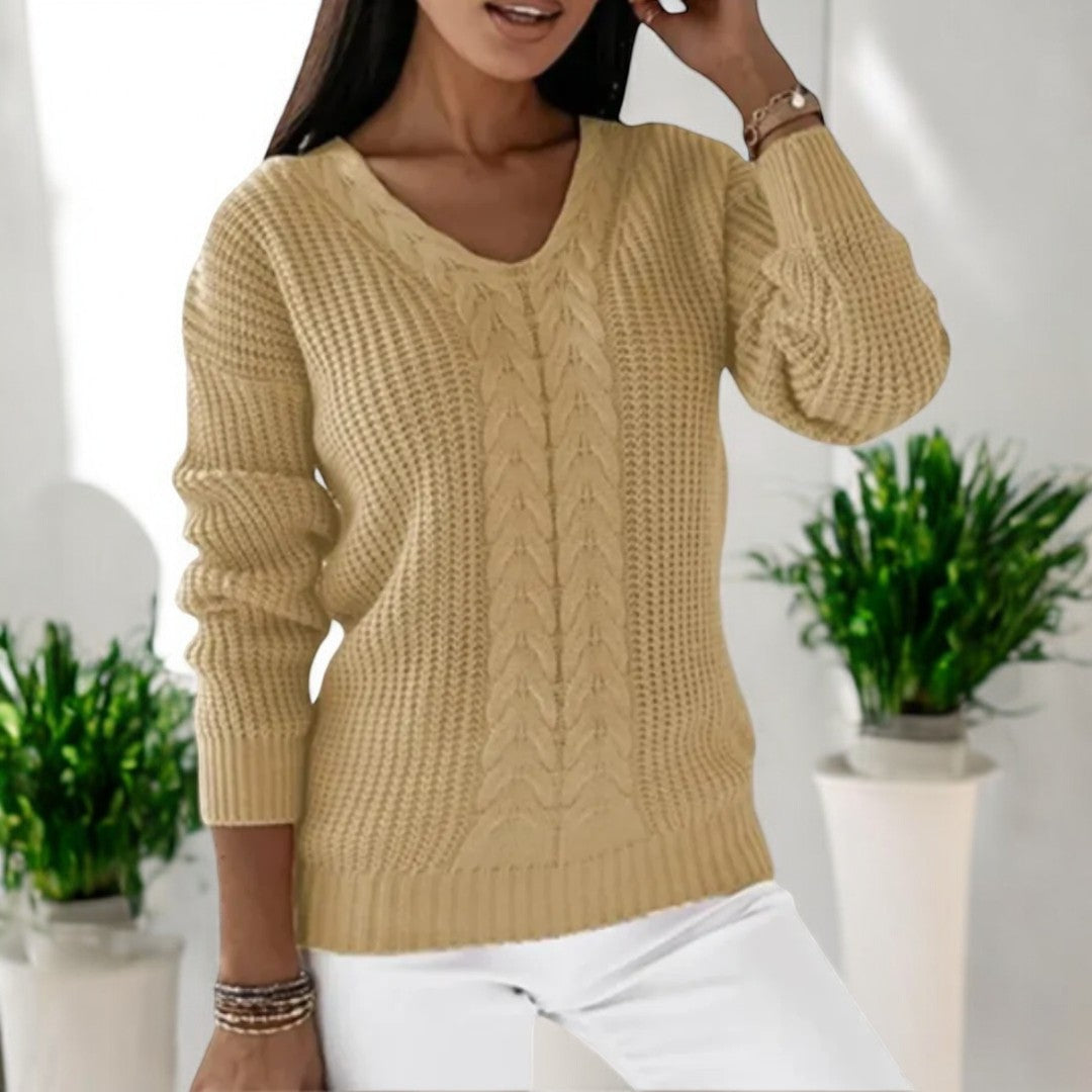 Women's V-Neck Sweater with Cable Knit Texture