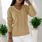 Women's V-Neck Sweater with Cable Knit Texture