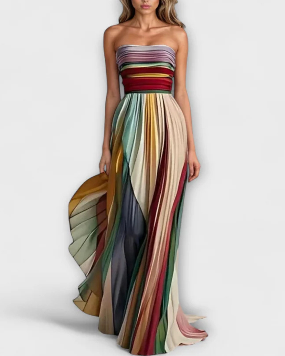 Women's Strapless Pleated Maxi Dress - Multicolor Evening Gown