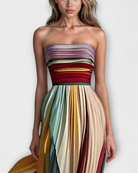 Women's Strapless Pleated Maxi Dress - Multicolor Evening Gown