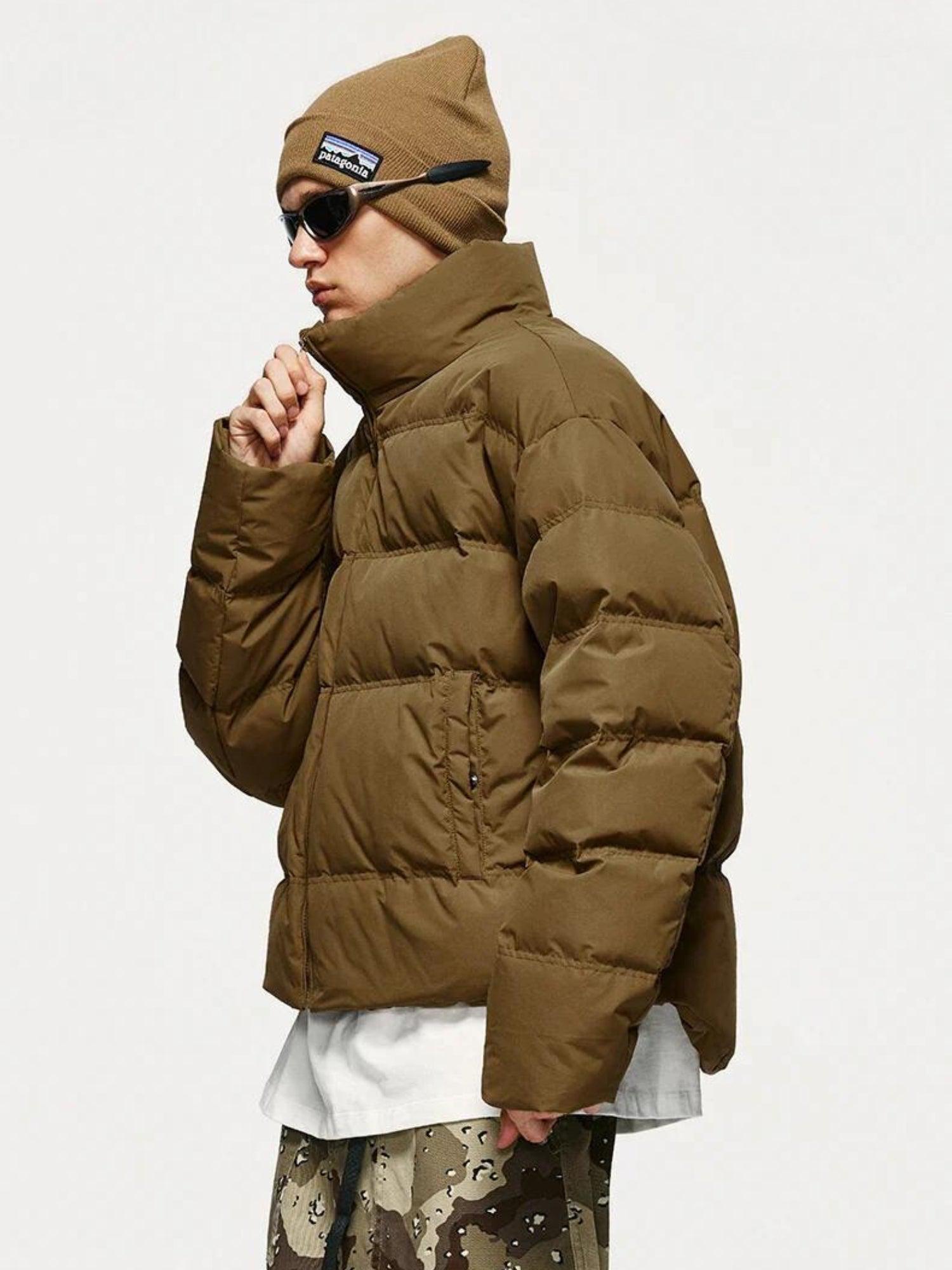 Men's Cropped Puffer Jacket - Padded High-Neck Zip Jacket