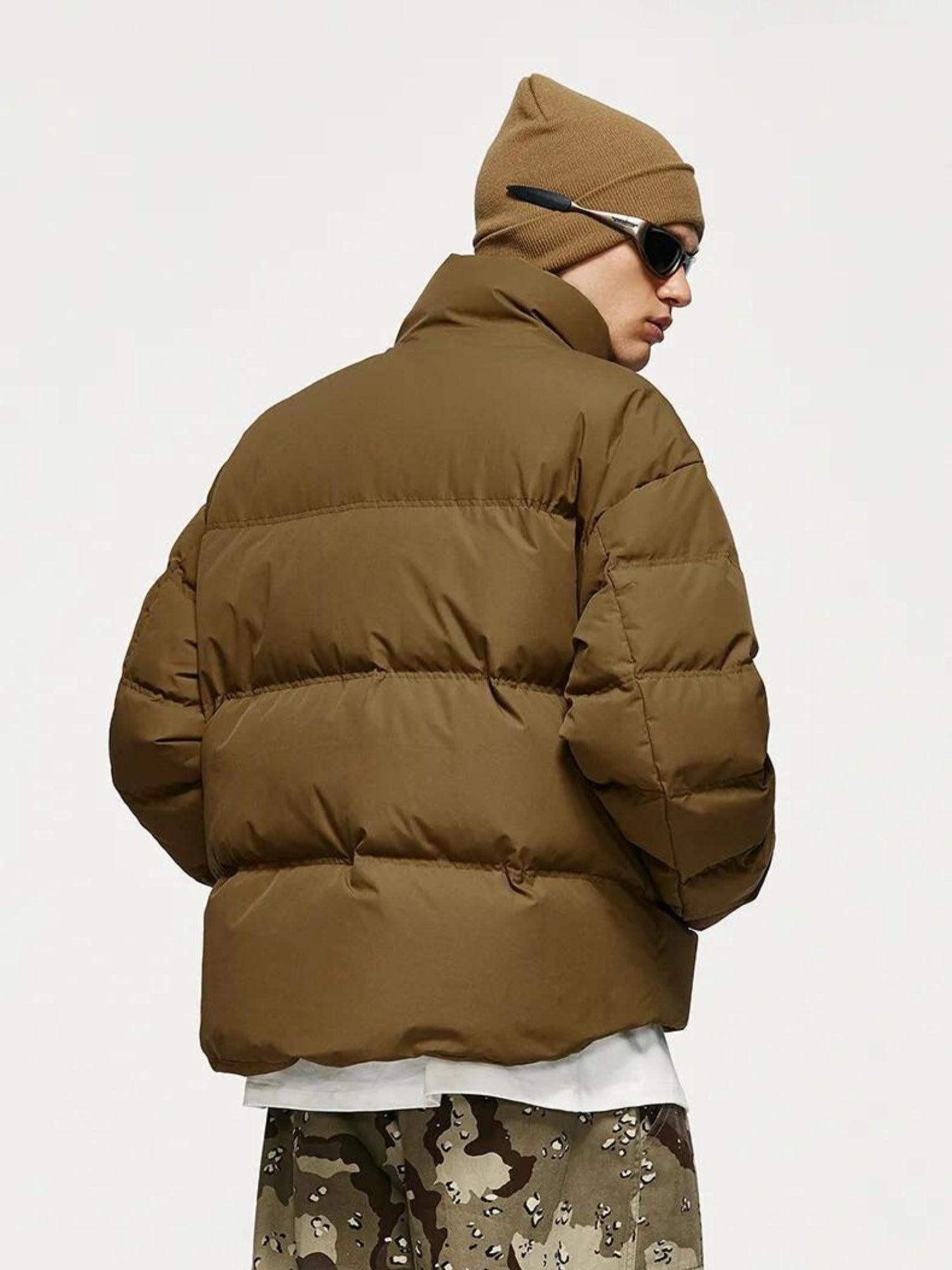 Men's Cropped Puffer Jacket - Padded High-Neck Zip Jacket