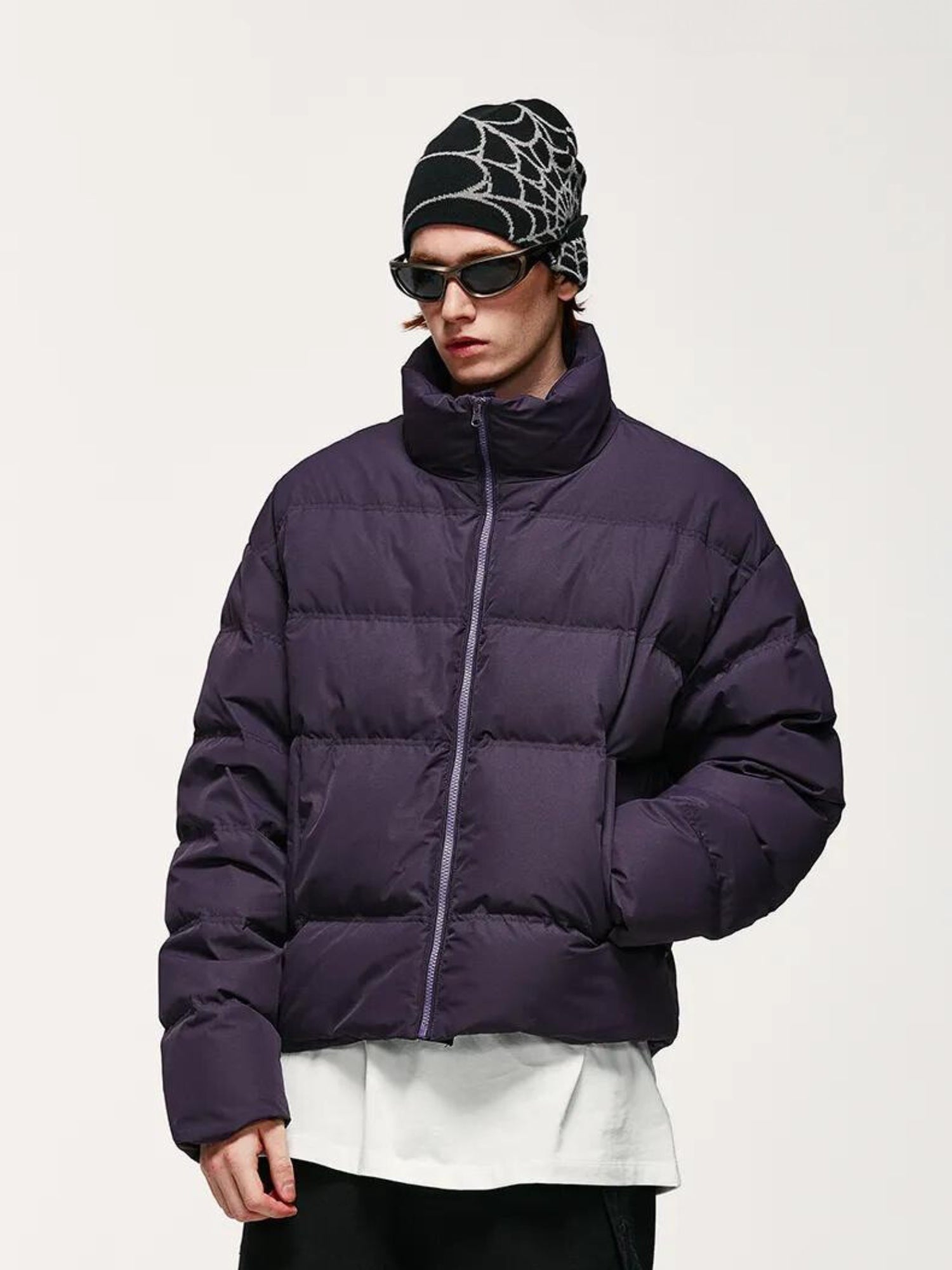 Men's Cropped Puffer Jacket - Padded High-Neck Zip Jacket