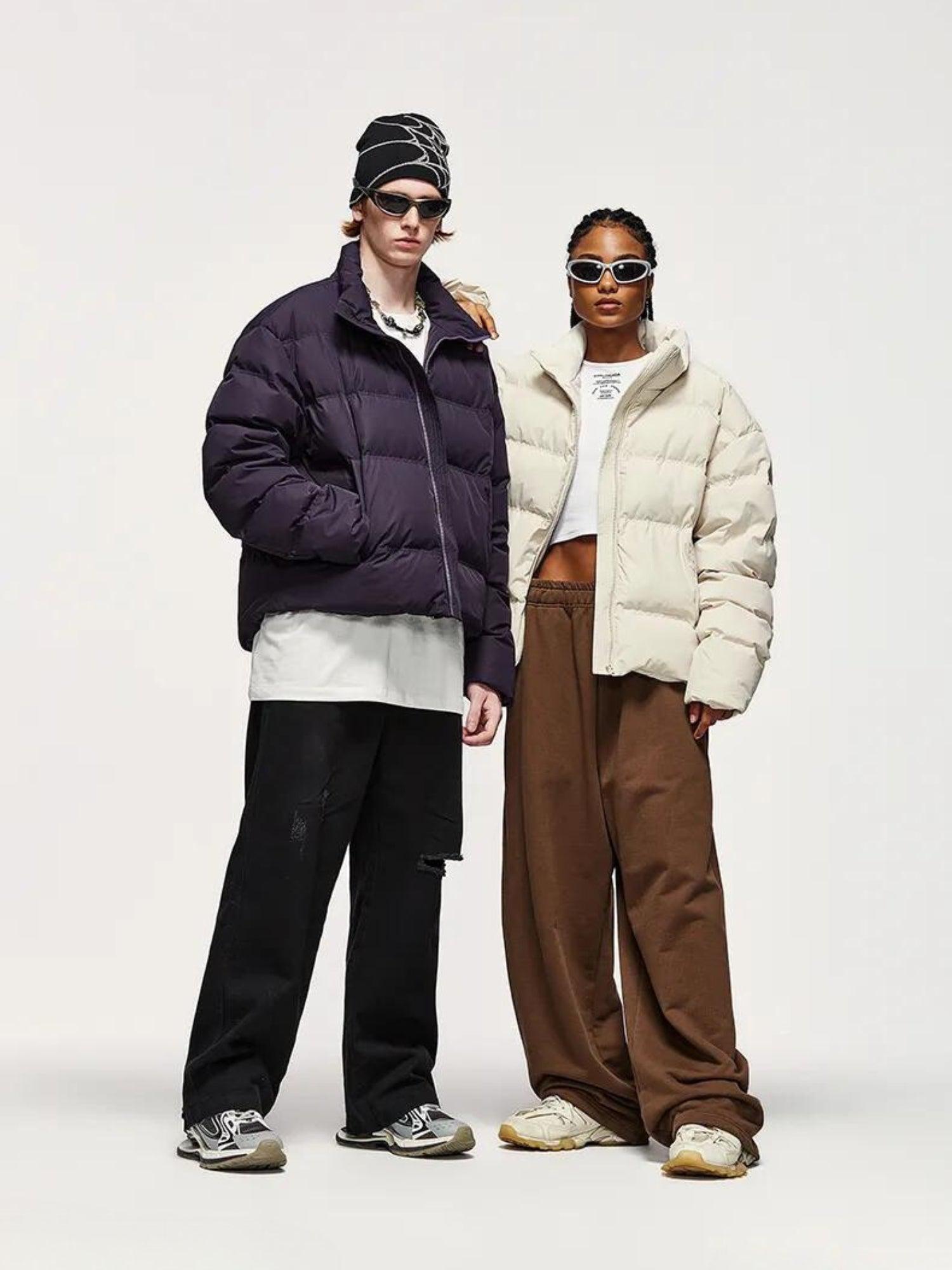 Men's Cropped Puffer Jacket - Padded High-Neck Zip Jacket