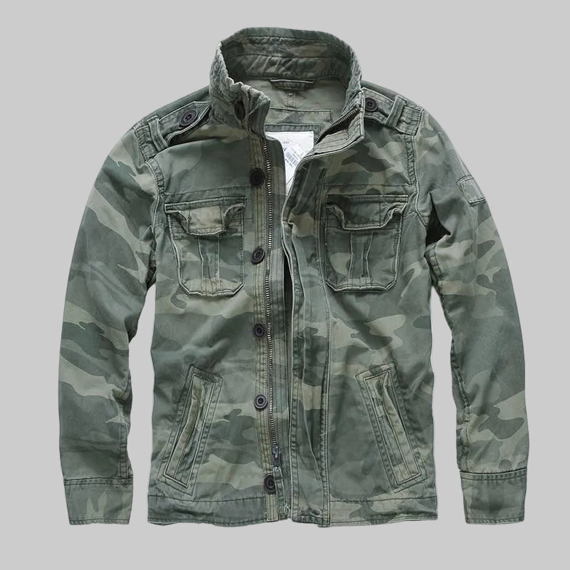 Men's Short Camouflage Military Jacket – Button-Up Collar