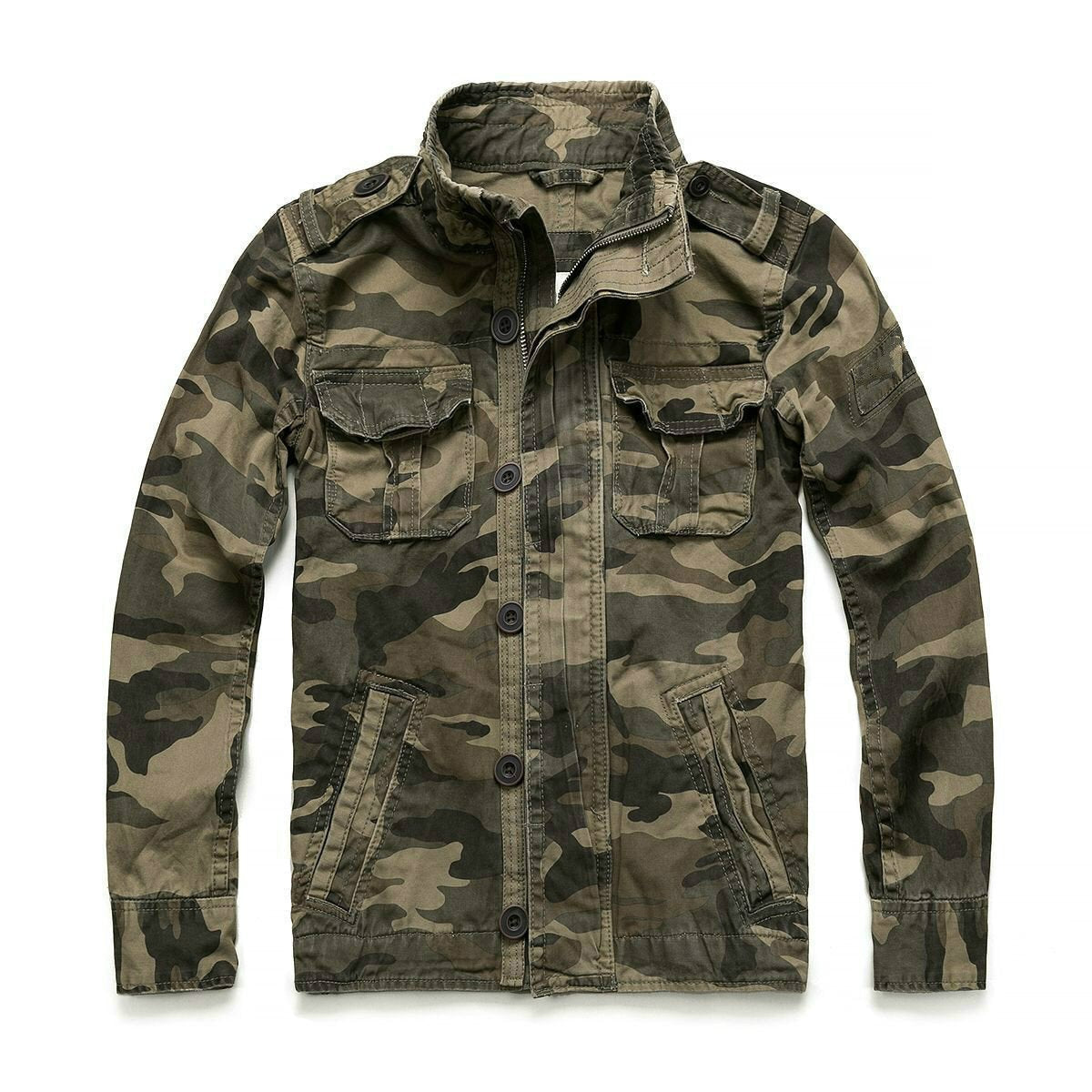 Men's Short Camouflage Military Jacket – Button-Up Collar