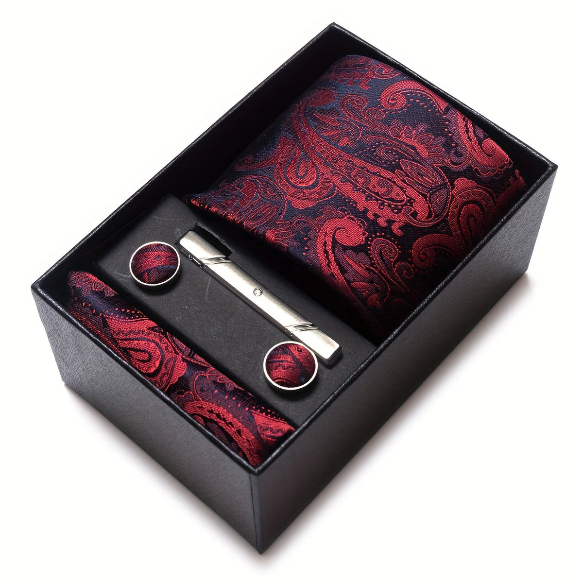 Men's Tie Set with Paisley Pattern – Matching Pocket Square Clip and Cufflinks 16