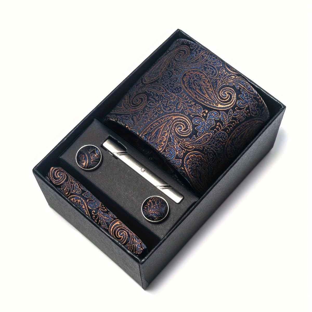 Men's Tie Set with Paisley Pattern – Matching Pocket Square Clip and Cufflinks 23