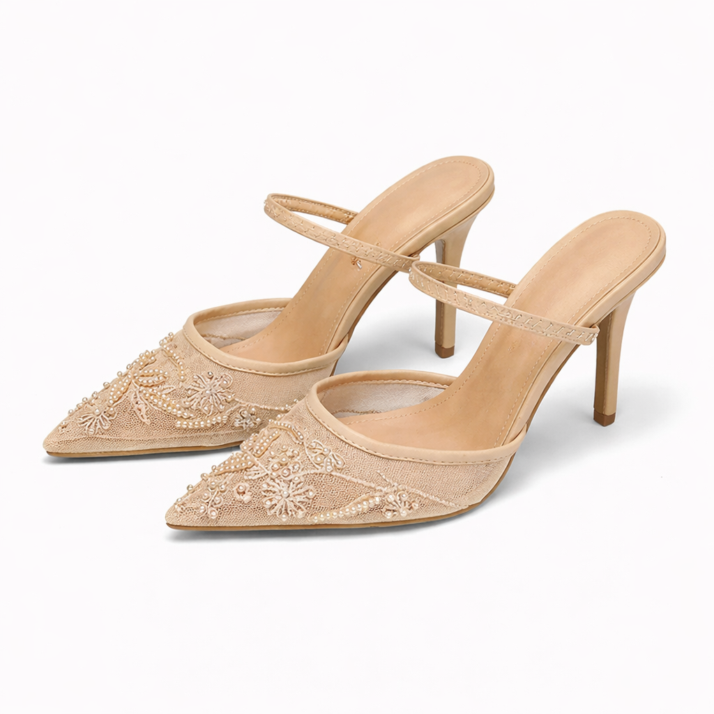 Women's Embroidered Mesh Mule Heels with Floral Detail