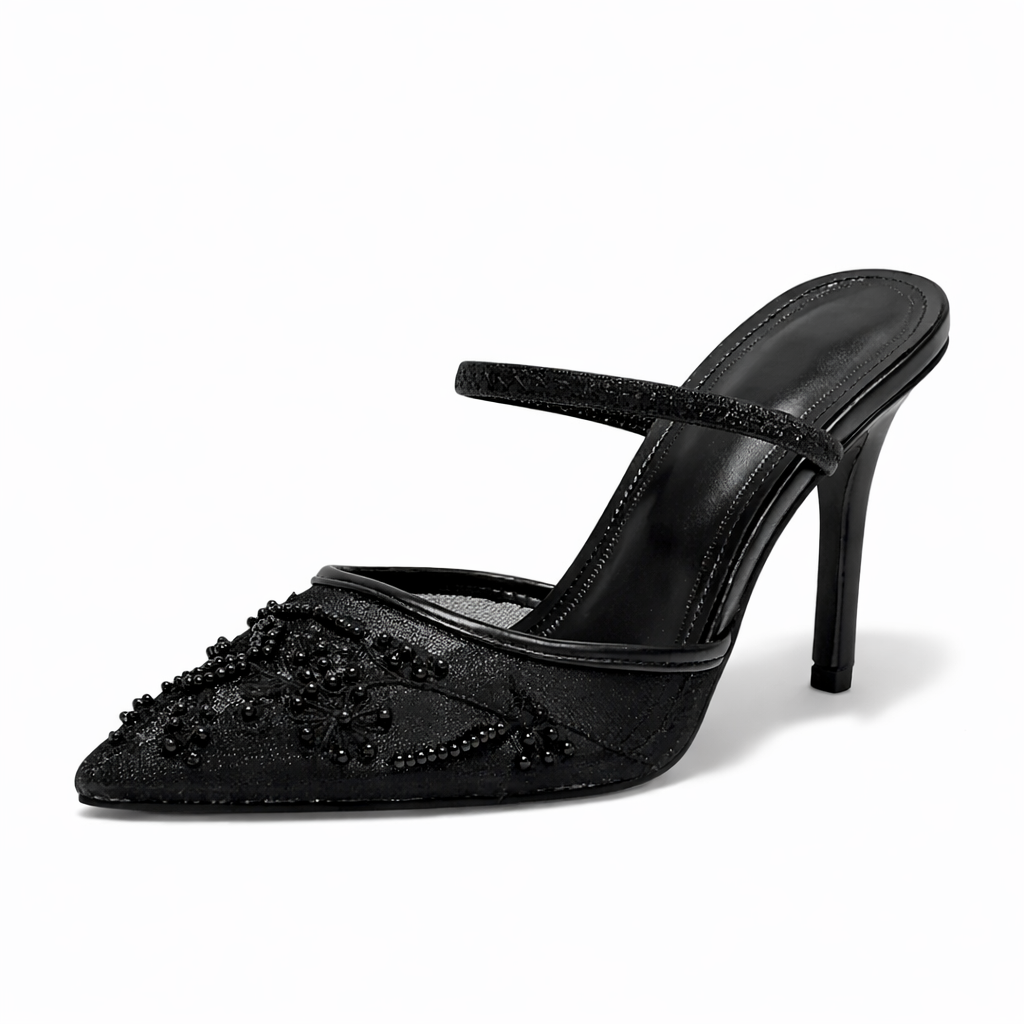 Women's Embroidered Mesh Mule Heels with Floral Detail