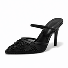 Women's Embroidered Mesh Mule Heels with Floral Detail