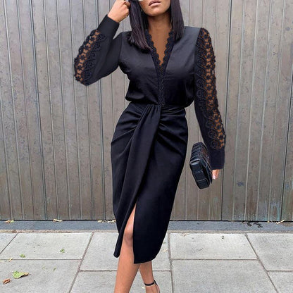 Sarina | Dames Midi Wikkeljurk met Kanten V-Hals en Lange Mouwen – Elegante Getailleerde Pasvorm