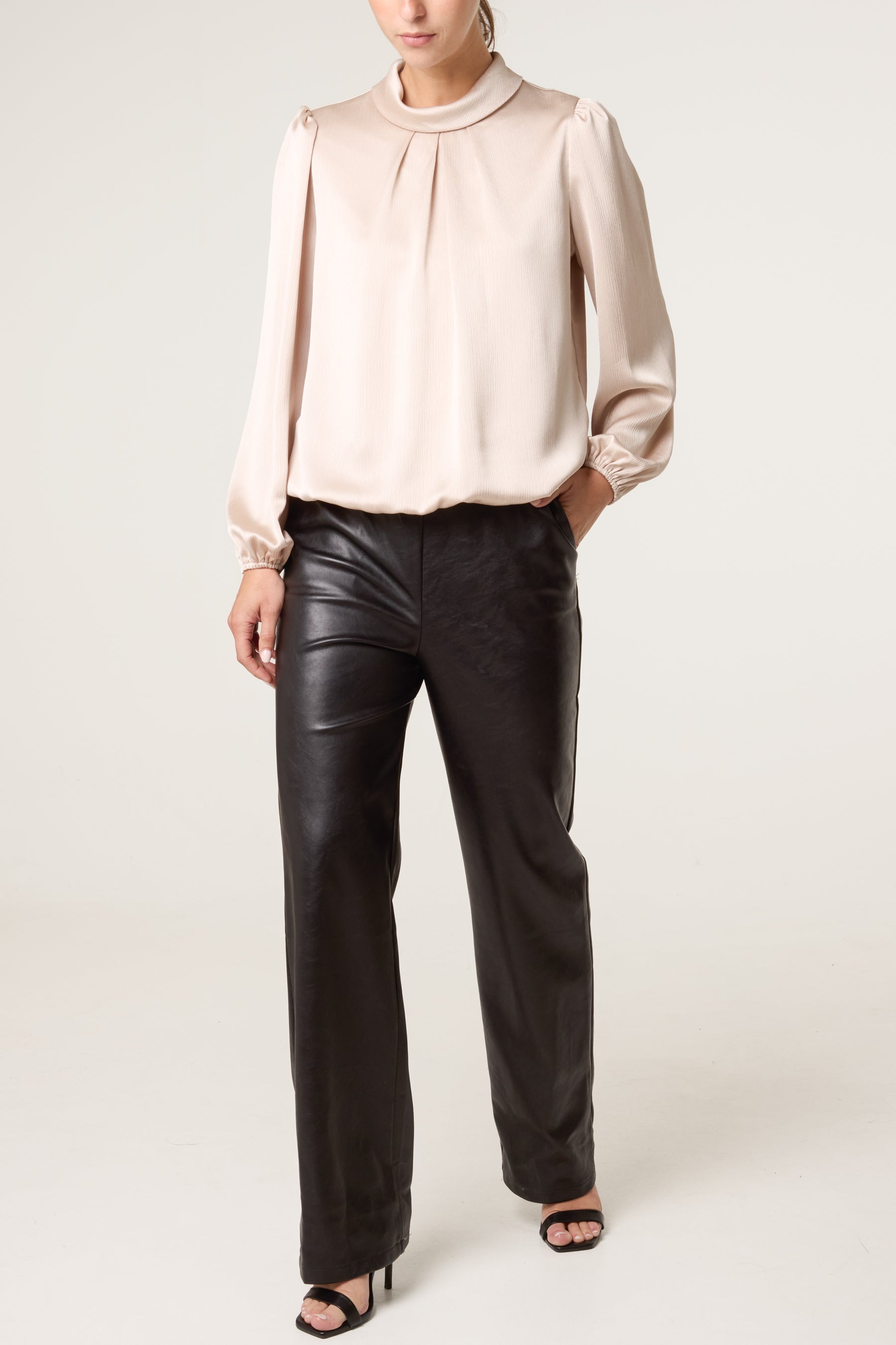 Women's Satin Feel Puffball Blouse in Champagne