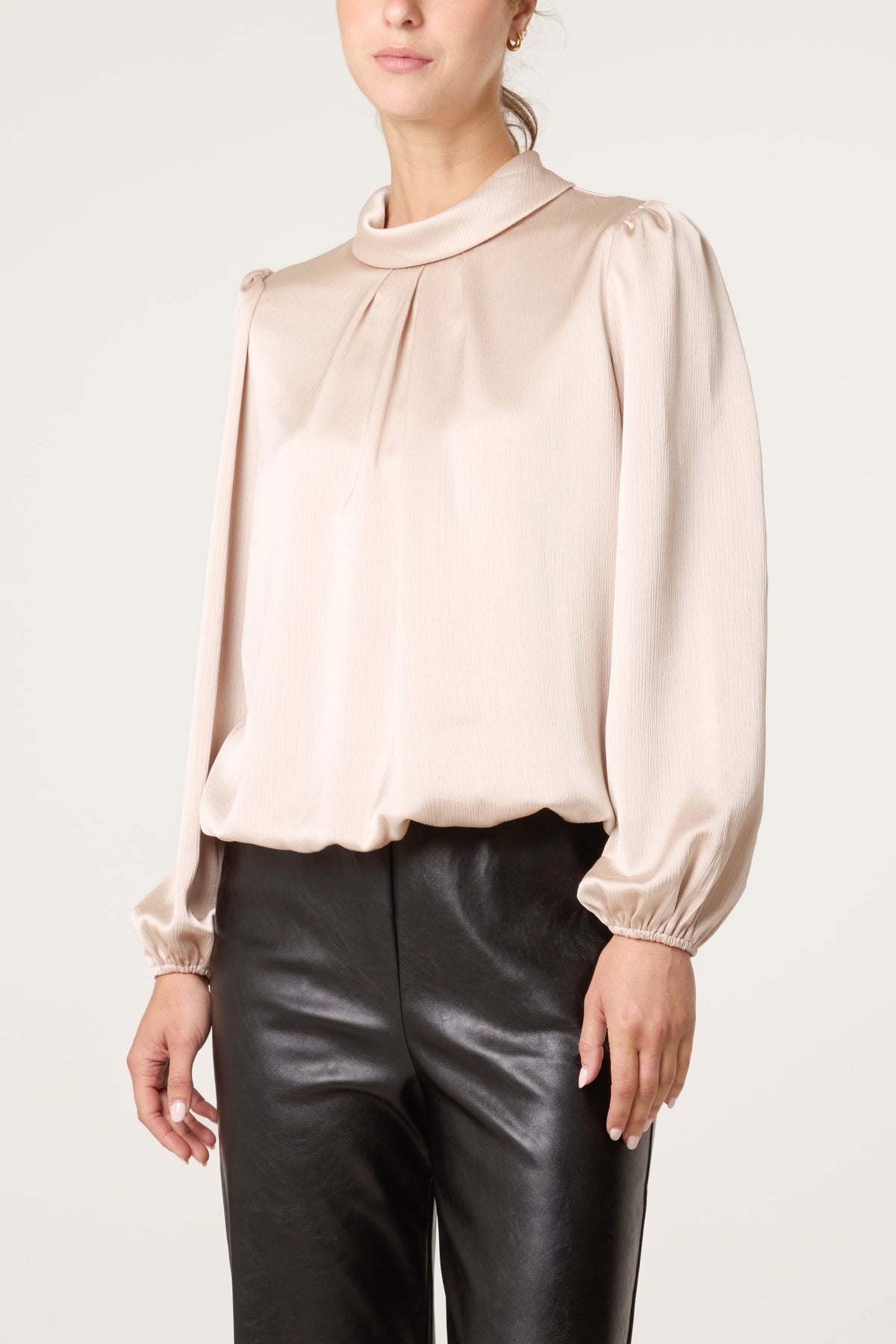 Women's Satin Feel Puffball Blouse in Champagne