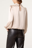 Women's Satin Feel Puffball Blouse in Champagne