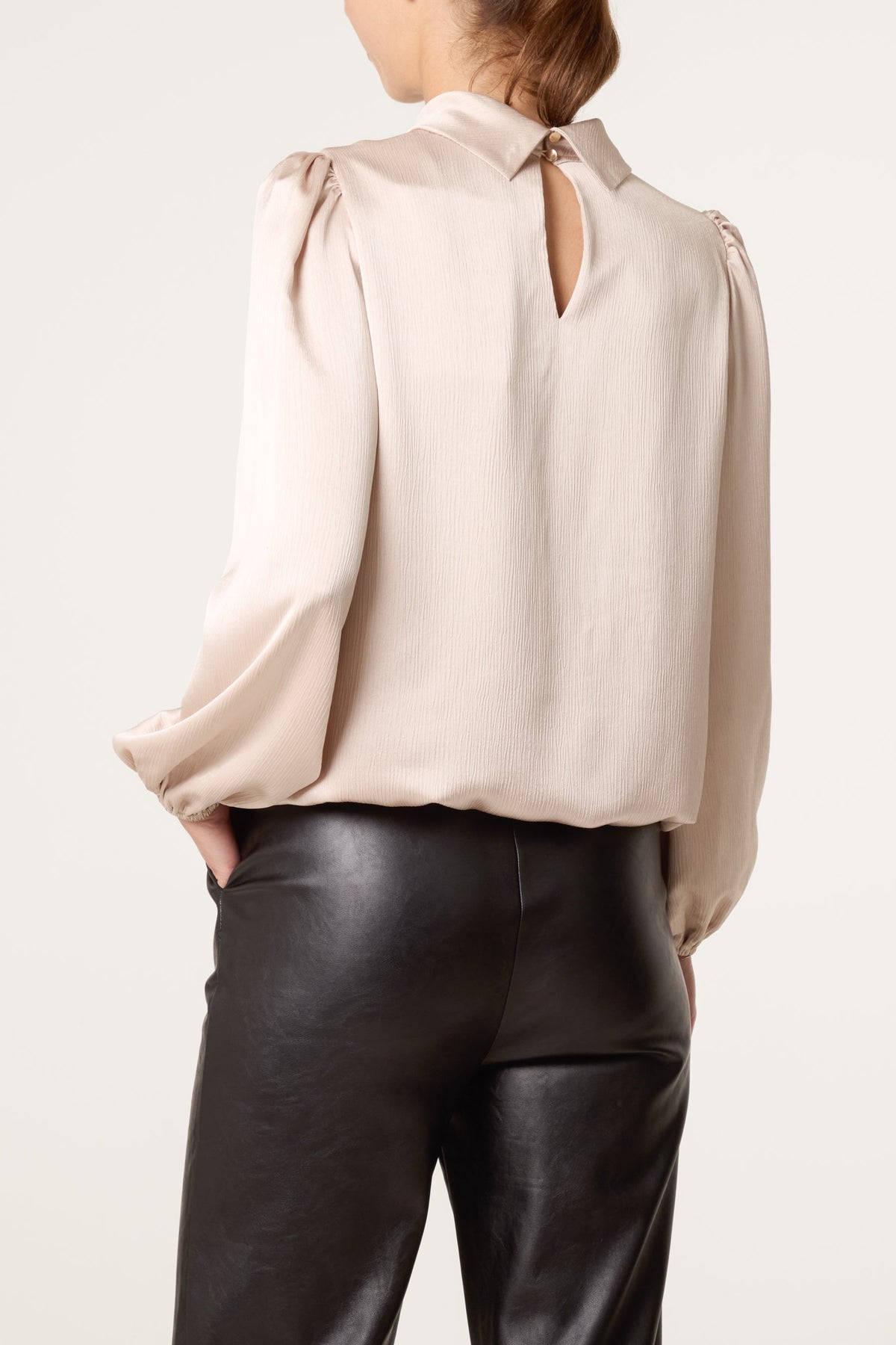 Women's Satin Feel Puffball Blouse in Champagne