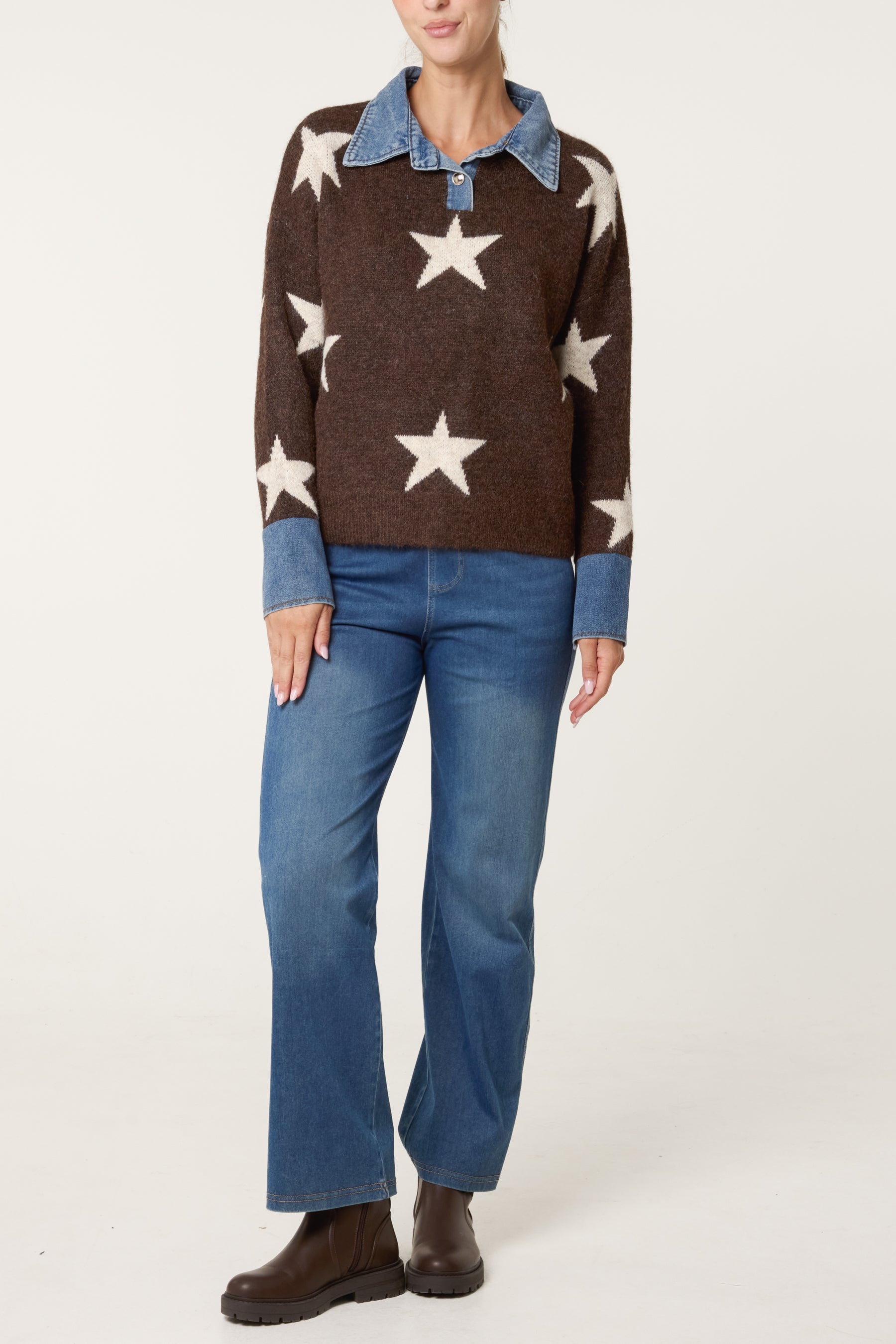 Women's Denim Collar Star Knit Jumper - Collared Sweater