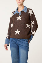 Women's Denim Collar Star Knit Jumper - Collared Sweater