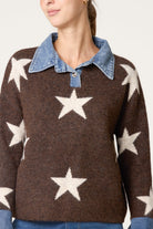Women's Denim Collar Star Knit Jumper - Collared Sweater