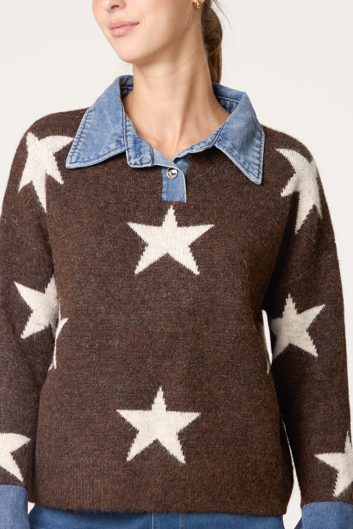 Women's Denim Collar Star Knit Jumper - Collared Sweater