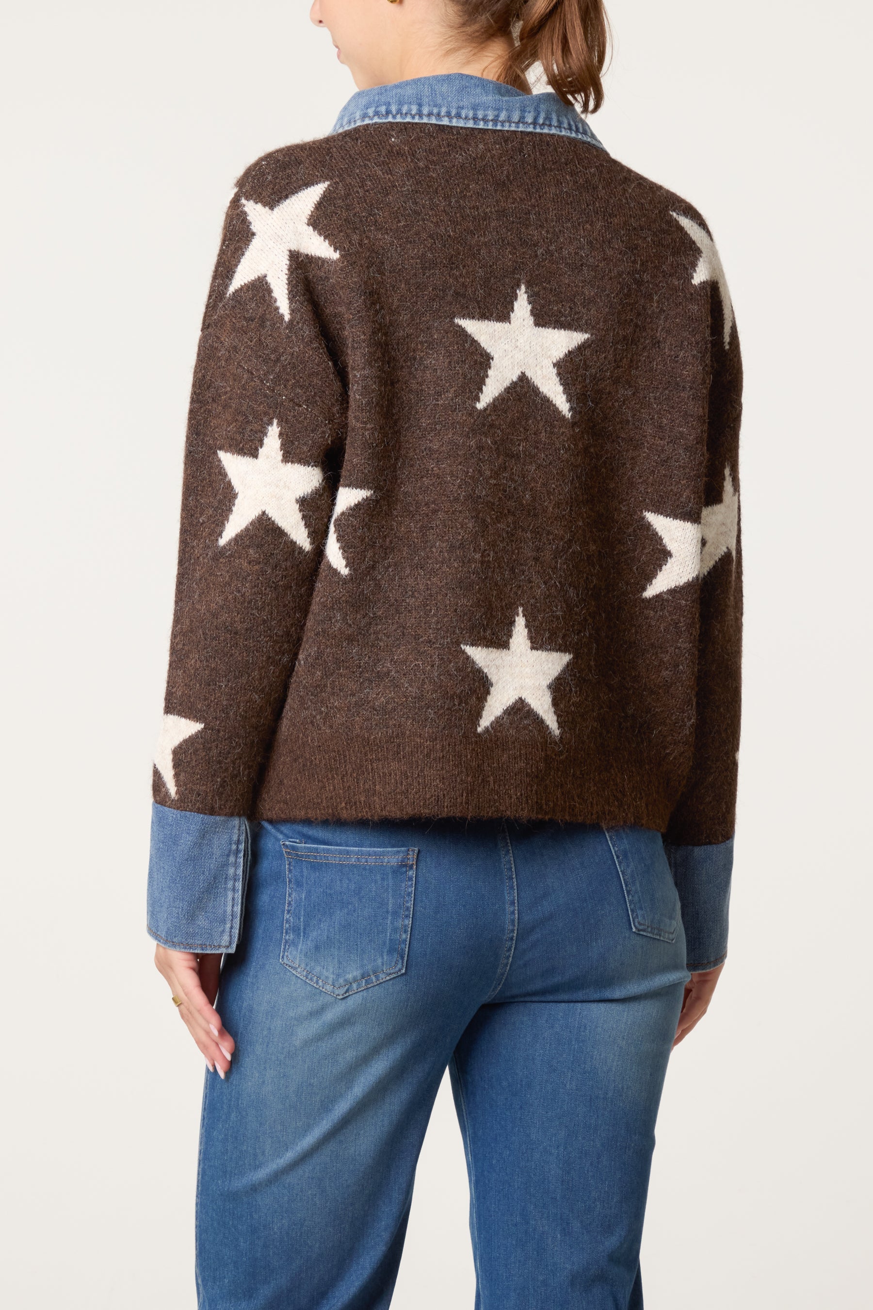 Women's Denim Collar Star Knit Jumper - Collared Sweater