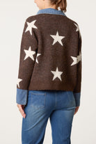 Women's Denim Collar Star Knit Jumper - Collared Sweater
