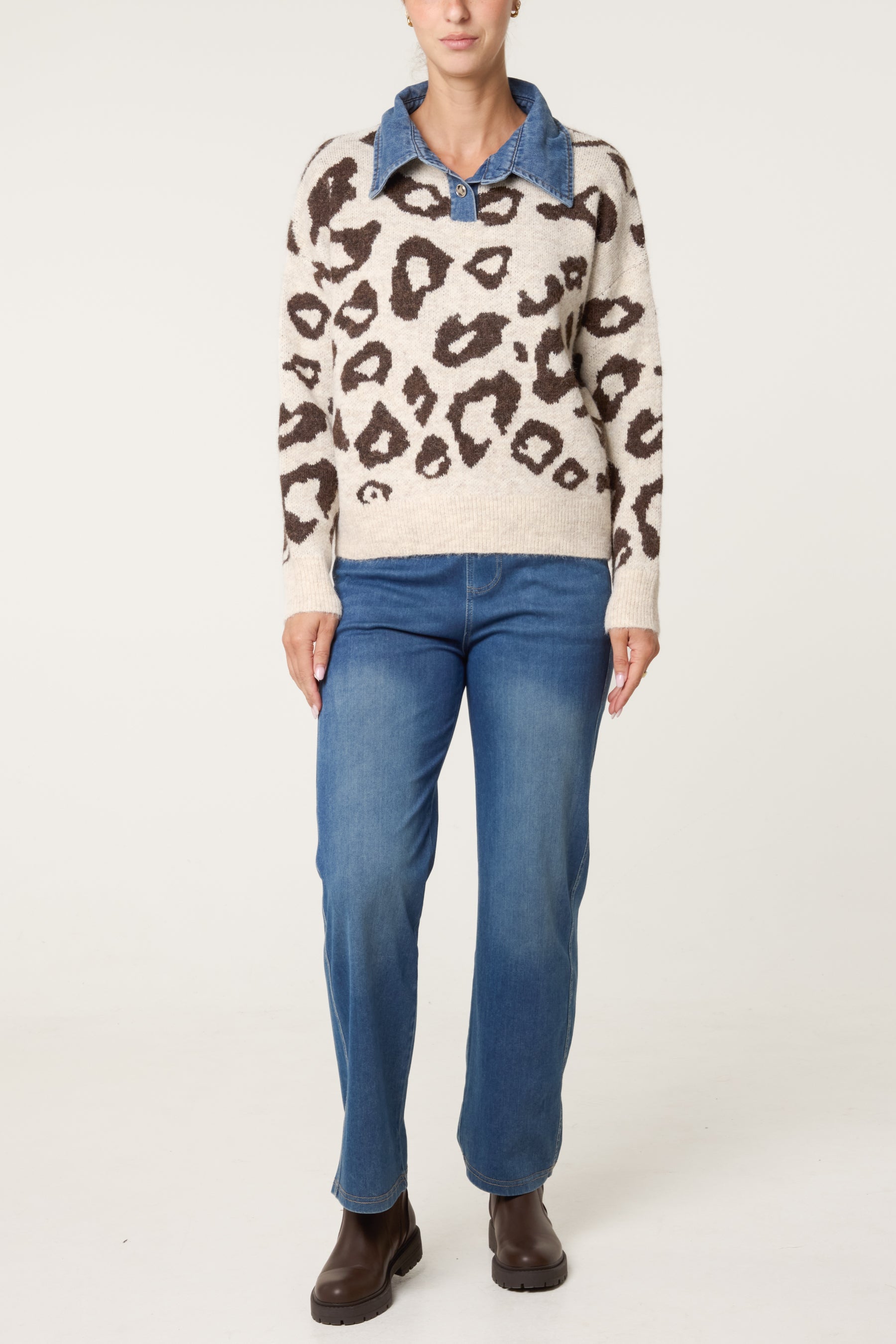 Women's Animal Print Knit Jumper with Denim Collar