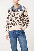 Women's Animal Print Knit Jumper with Denim Collar