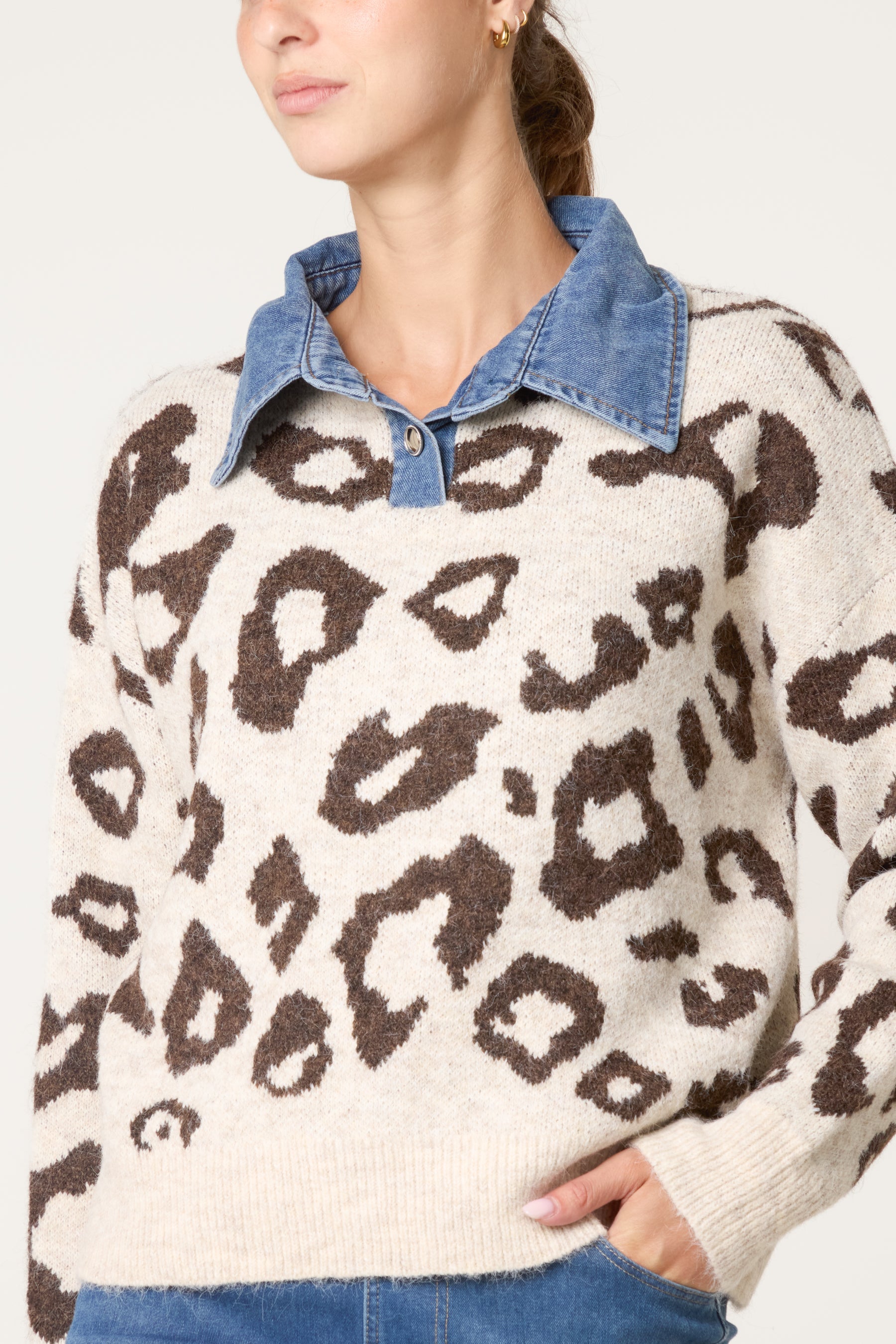 Women's Animal Print Knit Jumper with Denim Collar