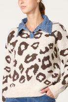 Women's Animal Print Knit Jumper with Denim Collar