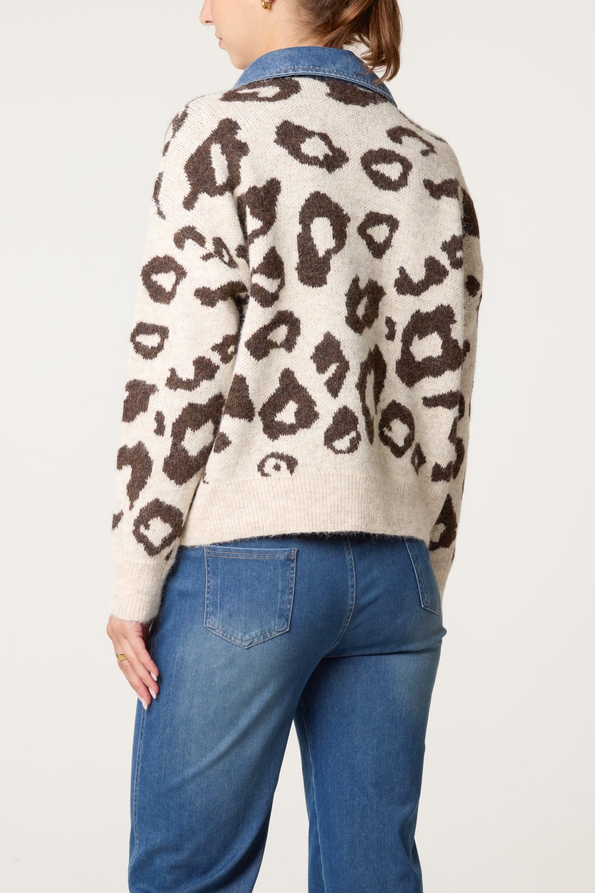 Women's Animal Print Knit Jumper with Denim Collar
