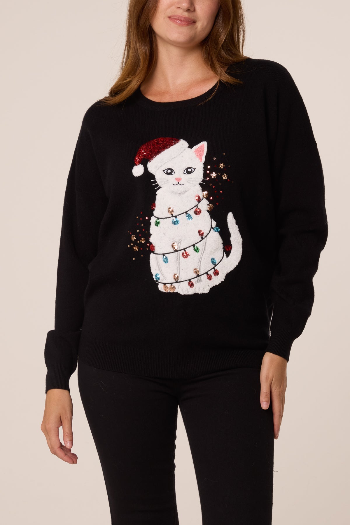 Women's Christmas Cat Jumper with Sequin Detail, Black