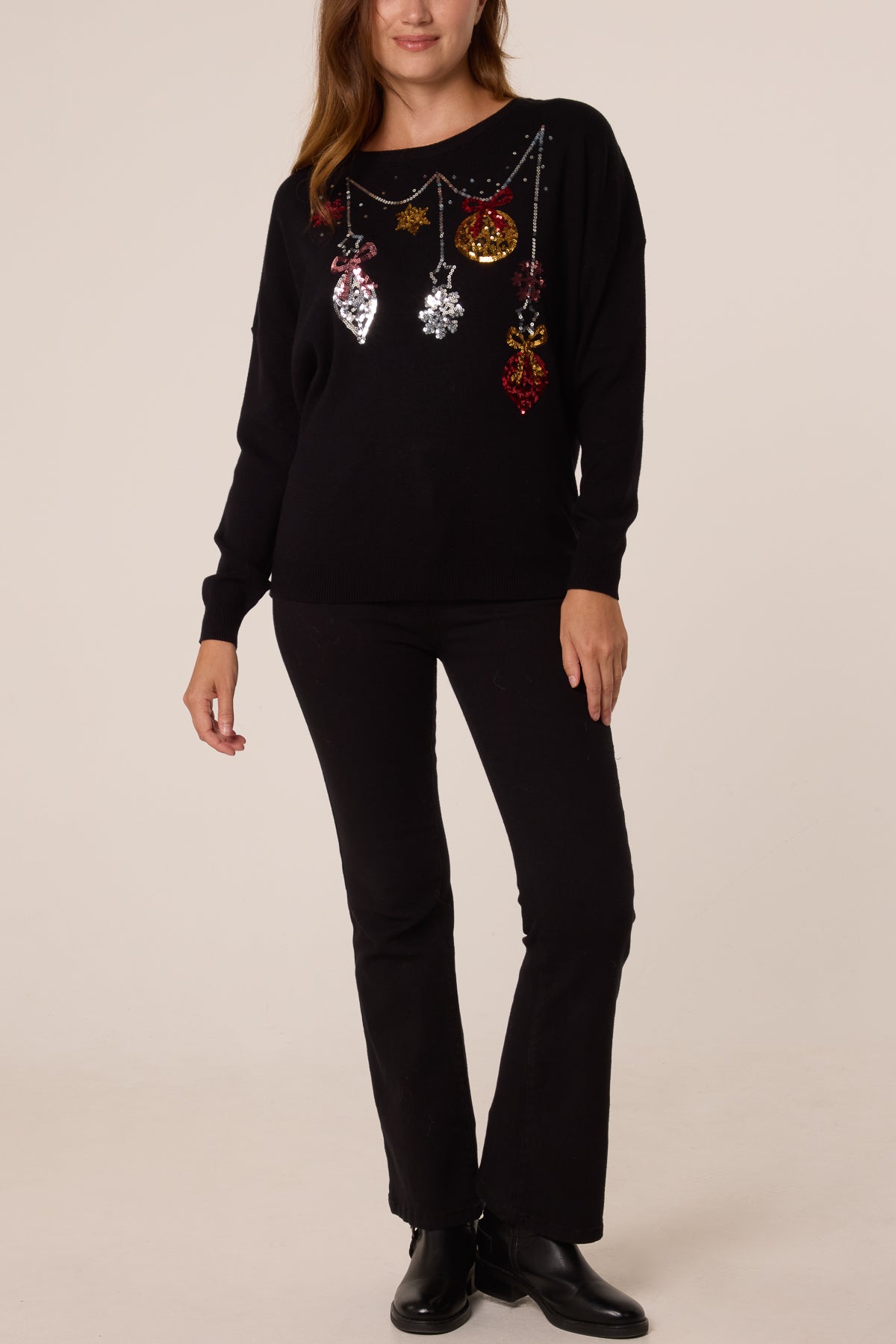 Women's Christmas Jumper with Sequin Bauble and Snowflake Detail