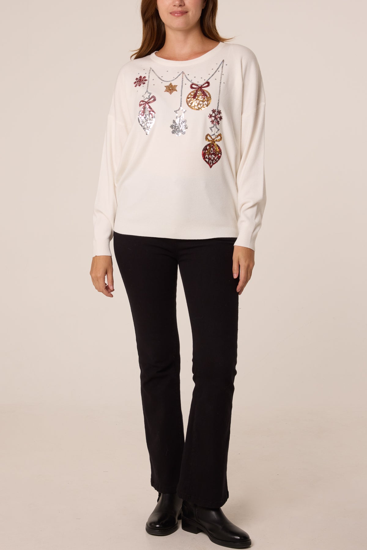 Women's Christmas Jumper with Sequin Bauble and Snowflake Detail