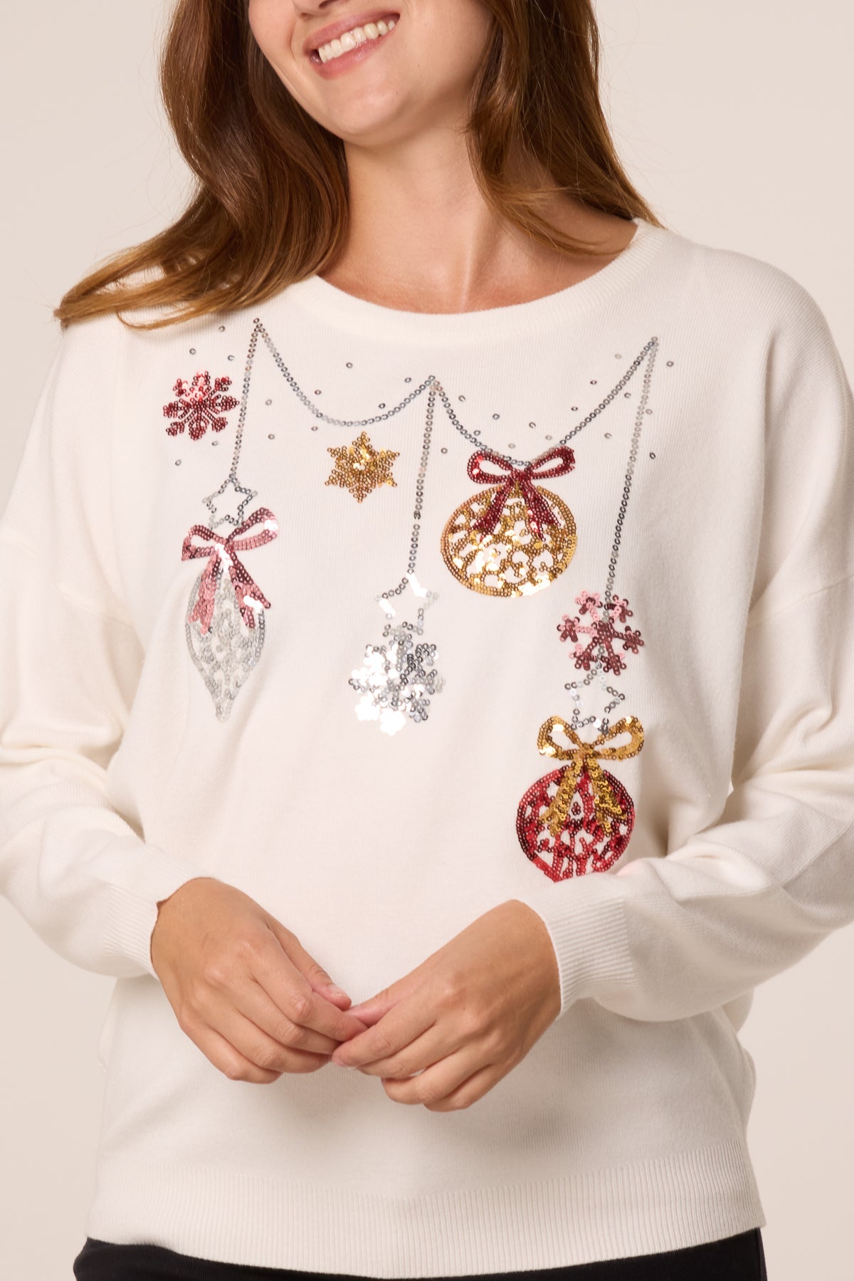 Women's Christmas Jumper with Sequin Bauble and Snowflake Detail