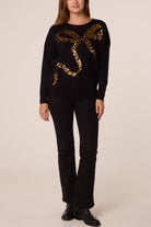 Women's Leopard Print Sequin Jumper with Bow Detail