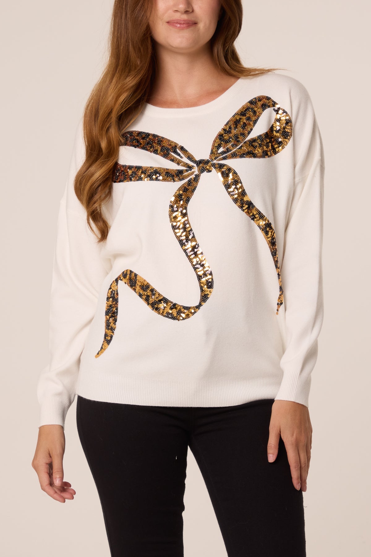 Women's Leopard Print Sequin Jumper with Bow Detail