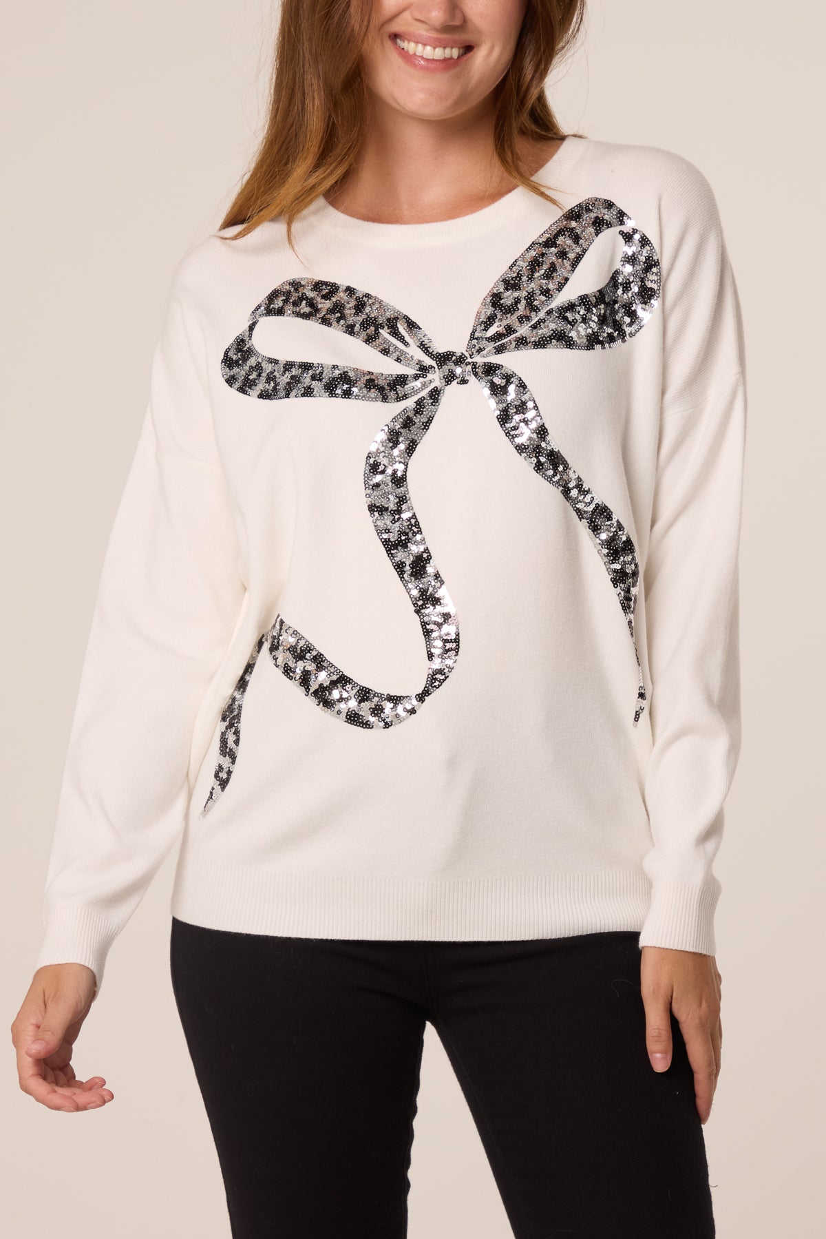 Women's Leopard Print Sequin Jumper with Bow Detail