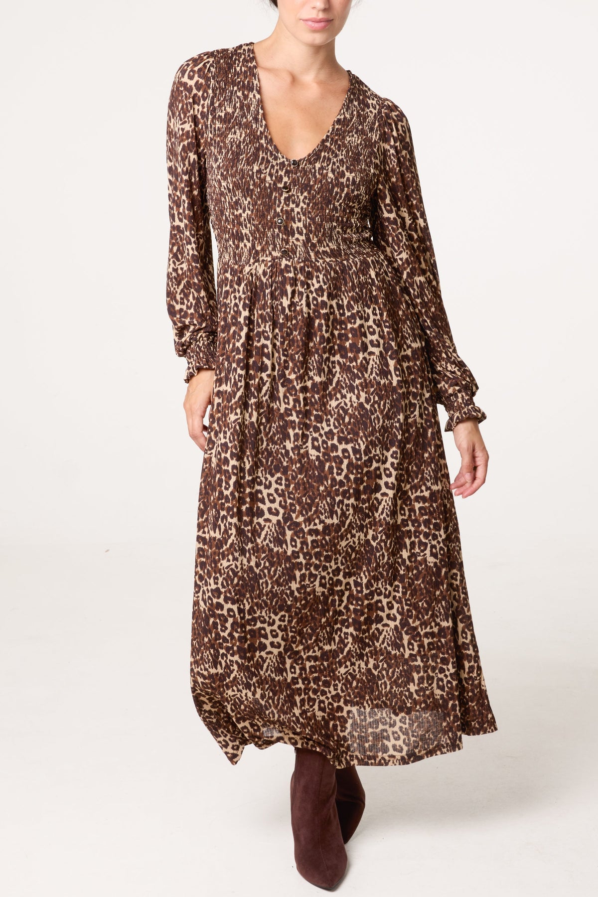 Women's Button Front V-Neck Midi Dress - Animal Print