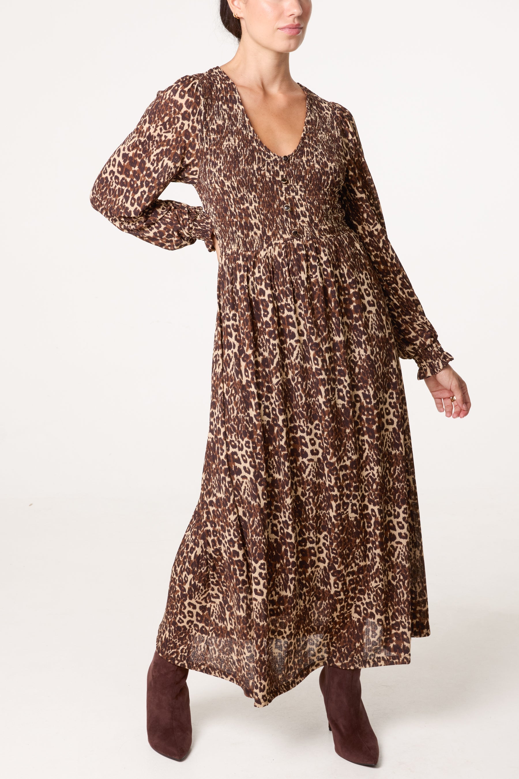 Women's Button Front V-Neck Midi Dress - Animal Print