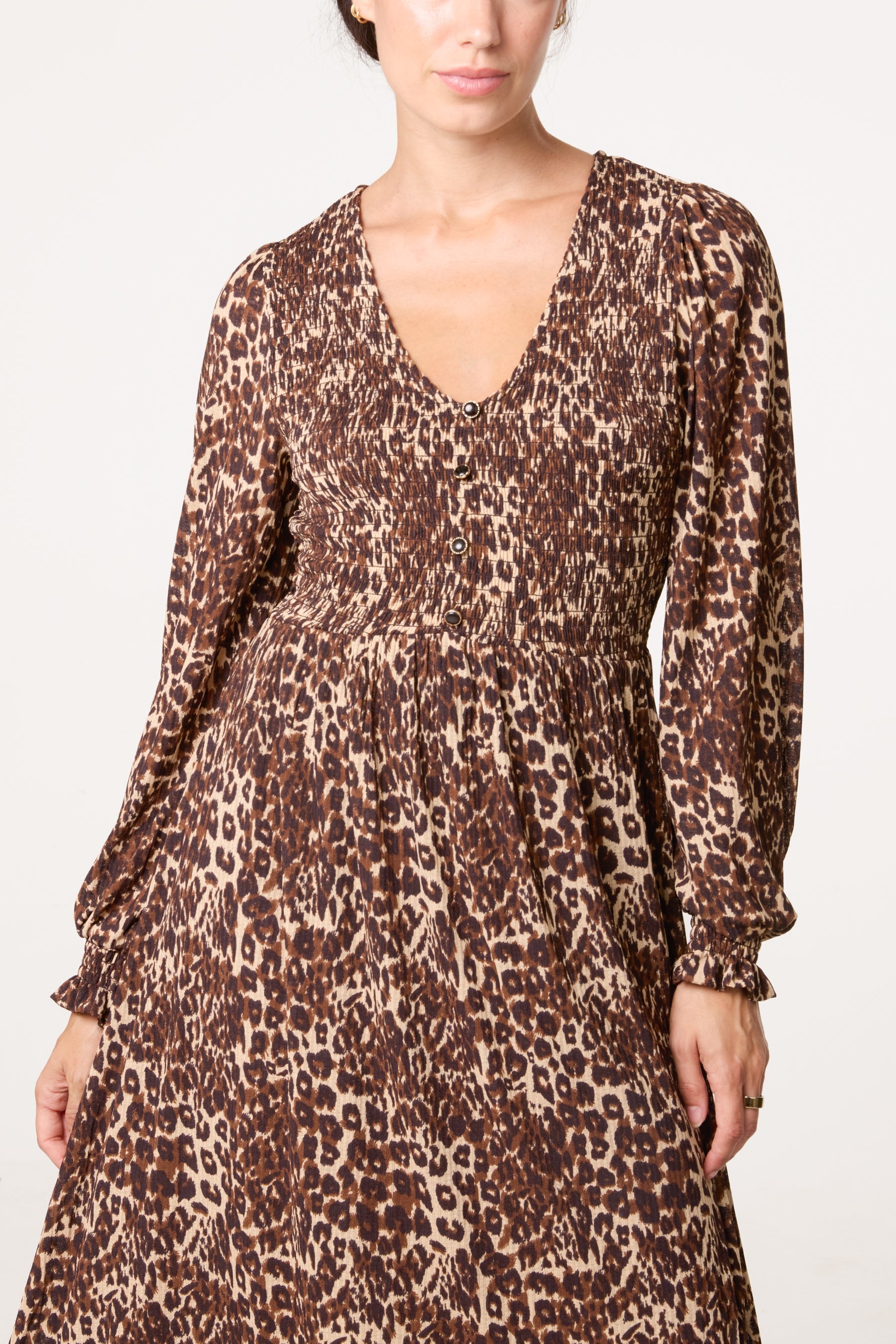 Women's Button Front V-Neck Midi Dress - Animal Print