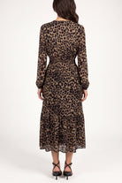 Women's Animal Print Midi Dress with Shirred V-Neck and Long Sleeves